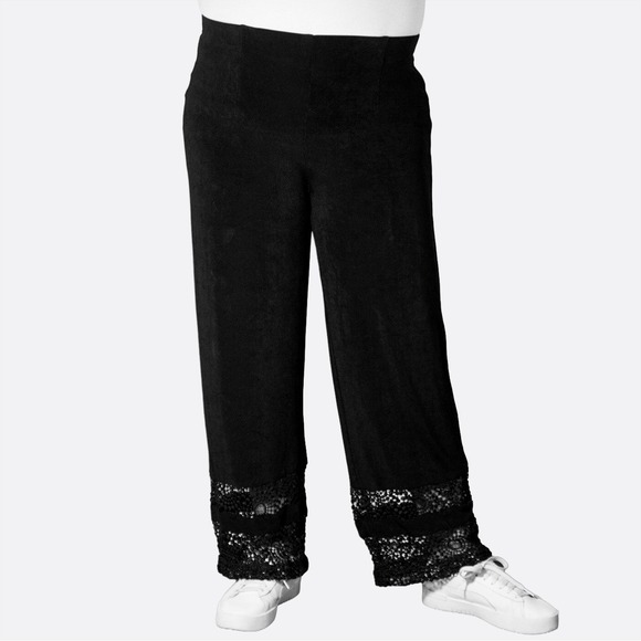 Chico's Pants - Chico's Black Slinky Knit Crochet Lace Hem Wide Leg Pants Travel 0X Large Boho